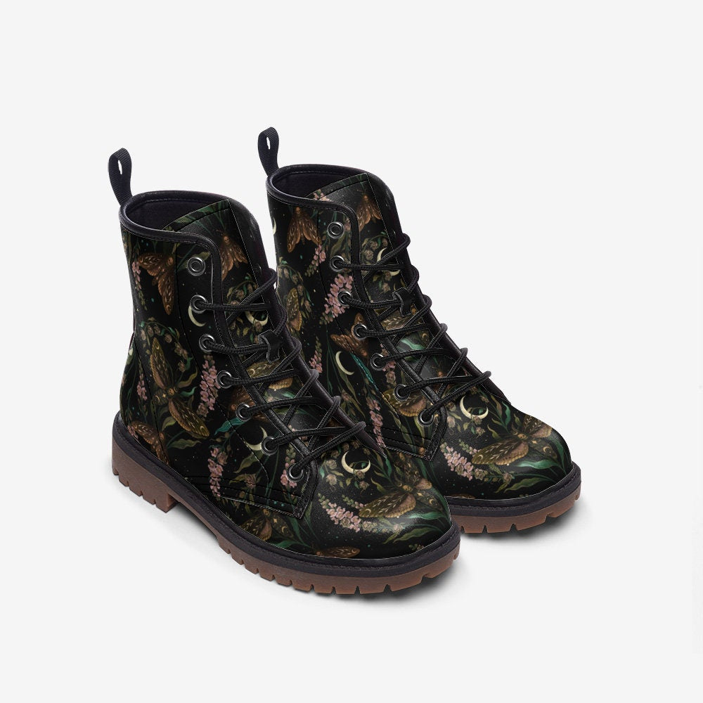 Emerald Blossoms - Magical Death's Head Hawkmoth And Snapdragon Flowers Vegan Leather Combat Boots For Hippies