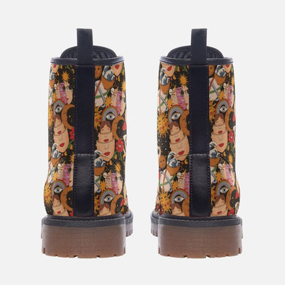 Emerald Blossoms - Hand Painted Spiritual Elements Vegan Leather Combat Boots For Hippies