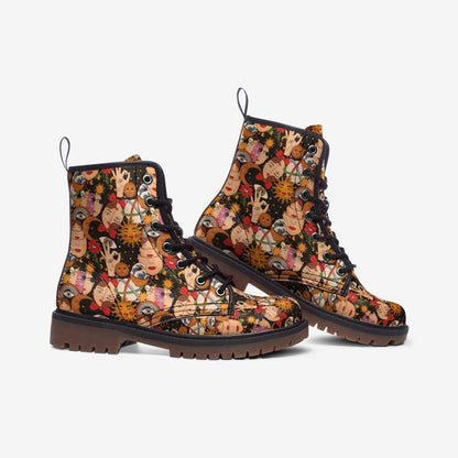 Emerald Blossoms - Hand Painted Spiritual Elements Vegan Leather Combat Boots For Hippies