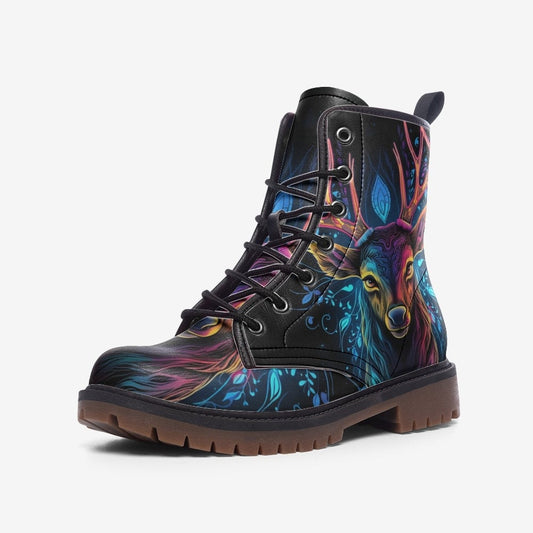 Emerald Blossoms - Deer Combat Boots, Neon Glowing, Vegan Leather Boots For Hippies