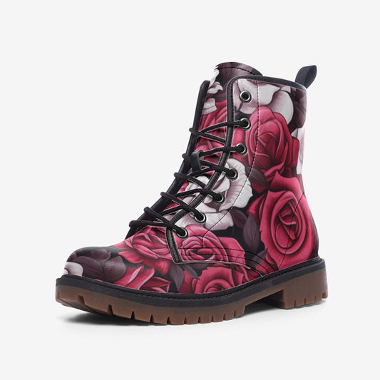 Emerald Blossoms - Noir Rose Tattoo Faux Leather Lightweight Hiking Vegan Combat Boots For Hippies