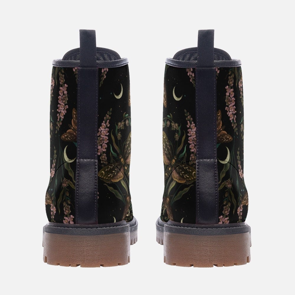 Emerald Blossoms - Magical Death's Head Hawkmoth And Snapdragon Flowers Vegan Leather Combat Boots For Hippies