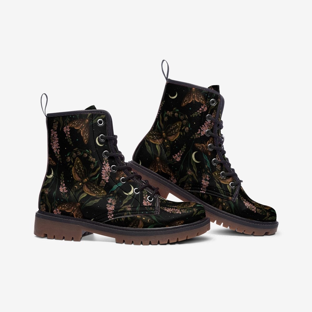 Emerald Blossoms - Magical Death's Head Hawkmoth And Snapdragon Flowers Vegan Leather Combat Boots For Hippies