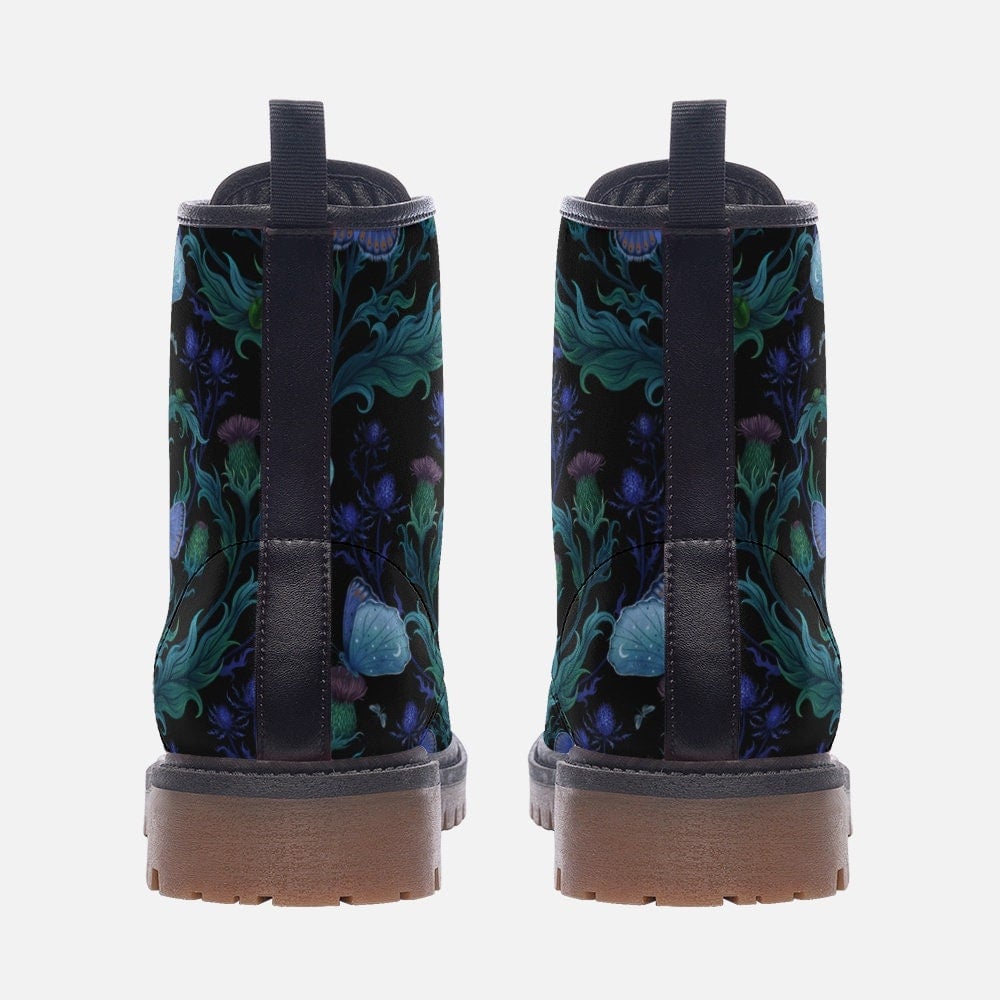 Emerald Blossoms - Magical Night Moth & Thistle Plant Vegan Leather Lightweight Combat Boots For Hippies