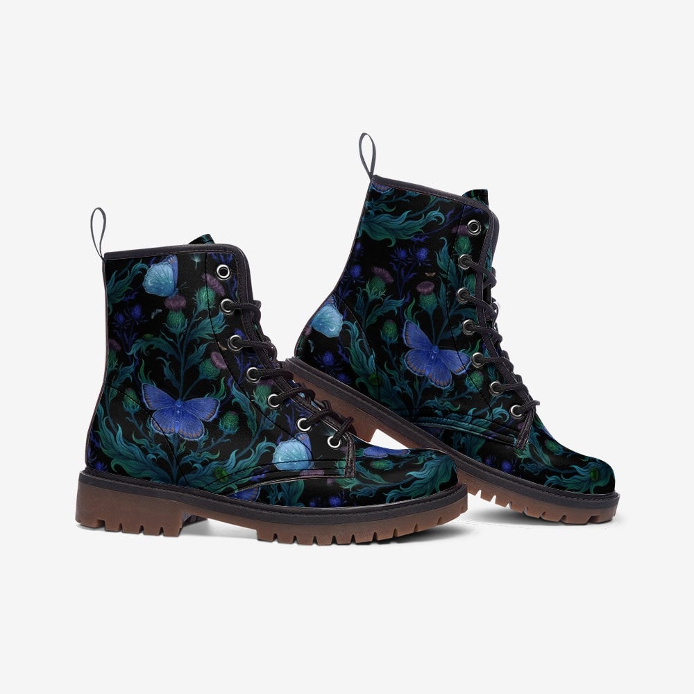 Emerald Blossoms - Magical Night Moth & Thistle Plant Vegan Leather Lightweight Combat Boots For Hippies