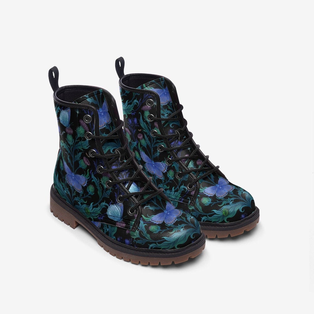 Emerald Blossoms - Magical Night Moth & Thistle Plant Vegan Leather Lightweight Combat Boots For Hippies