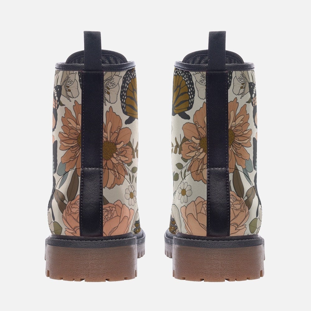 Emerald Blossoms - Retro Butterflies & Flowers Vegan Leather Combat Boots For Hippies