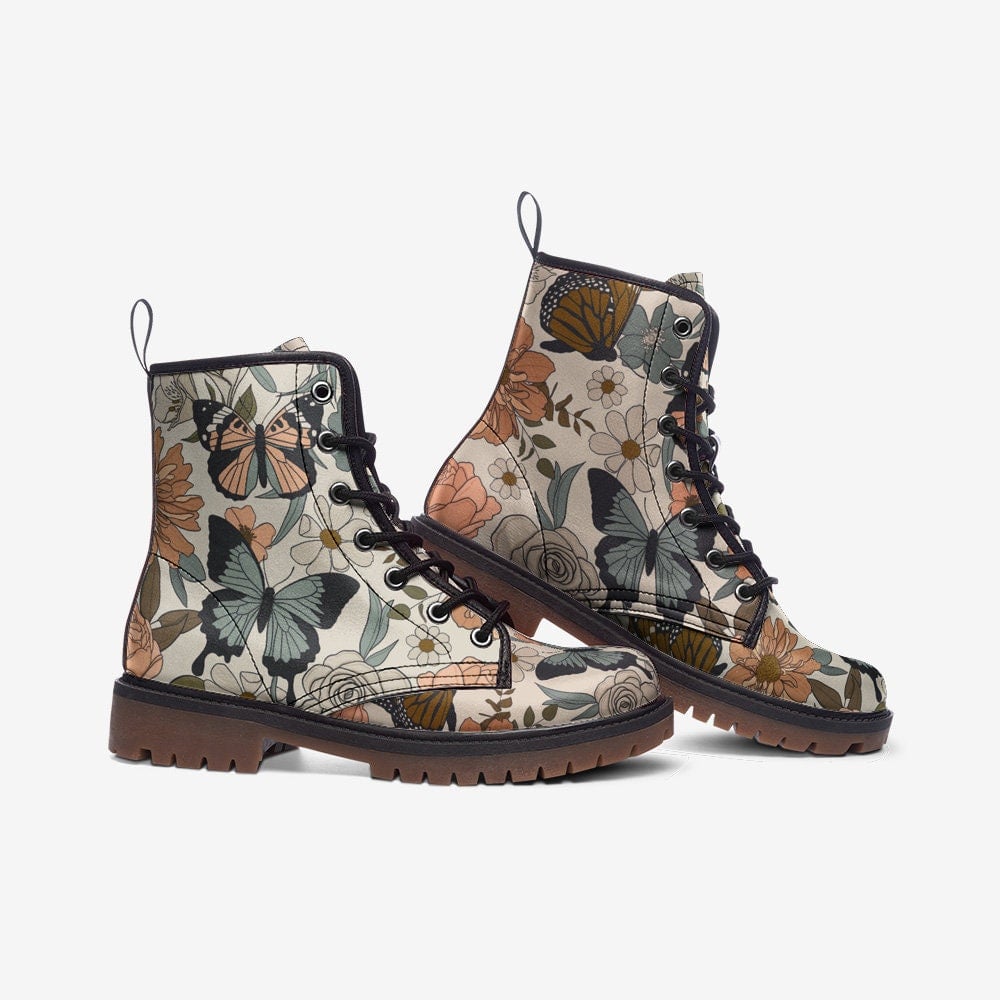 Emerald Blossoms - Retro Butterflies & Flowers Vegan Leather Combat Boots For Hippies