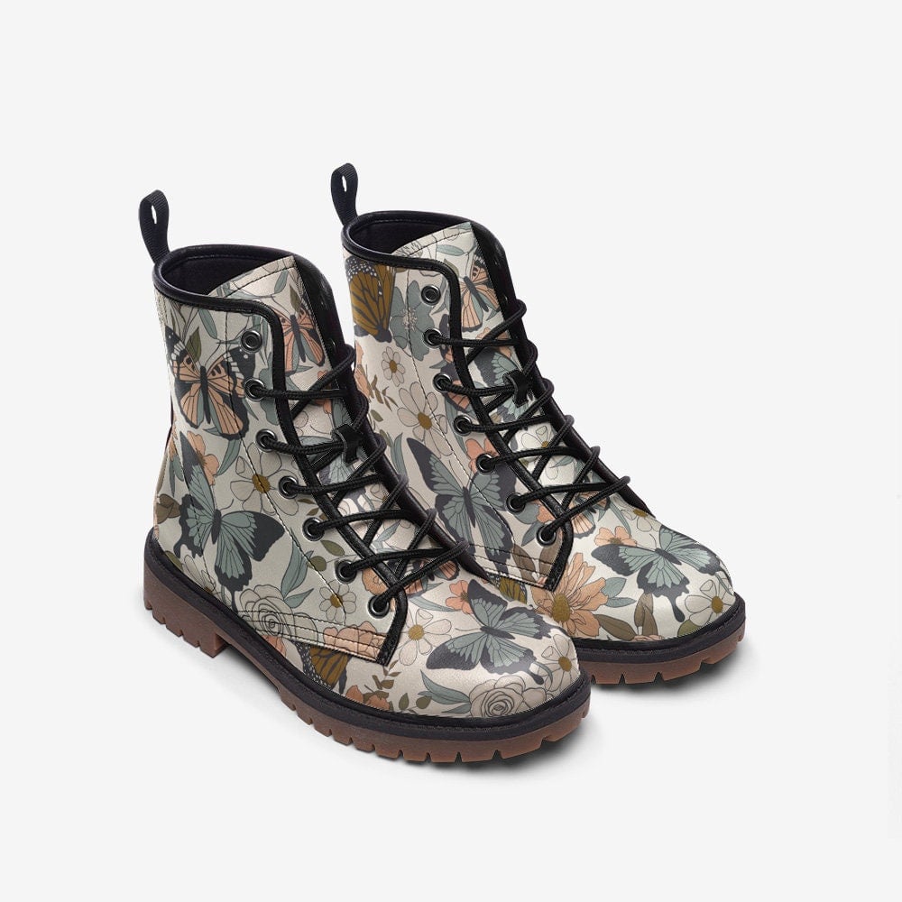 Emerald Blossoms - Retro Butterflies & Flowers Vegan Leather Combat Boots For Hippies