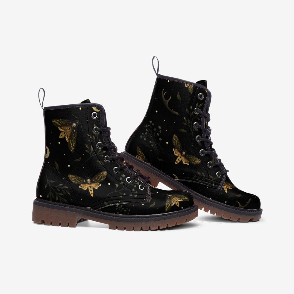 Emerald Blossoms - Death Head Moths Combat Boots, Moth And Moon Vegan Leather Lightweight Boots For Hippies