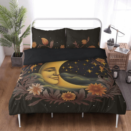 Emerald Blossoms - Cottagecore Celestial Moon Star Floral 3 Pcs Beddings For Hippie