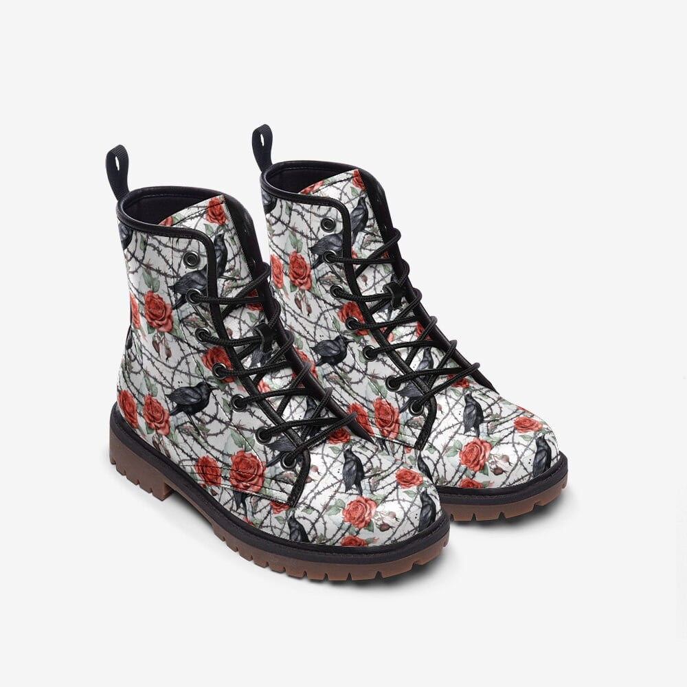 Emerald Blossoms - Raven Boots, Red Roses Unisex Casual Vegan Leather Lightweight Boots For Hippies