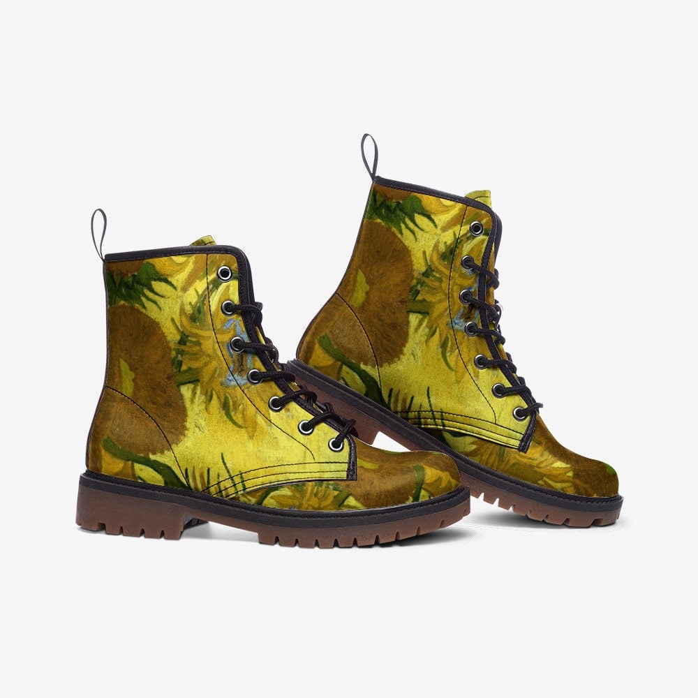 Emerald Blossoms - Van Gogh Sunflowers Vegan Leather Boots For Hippies