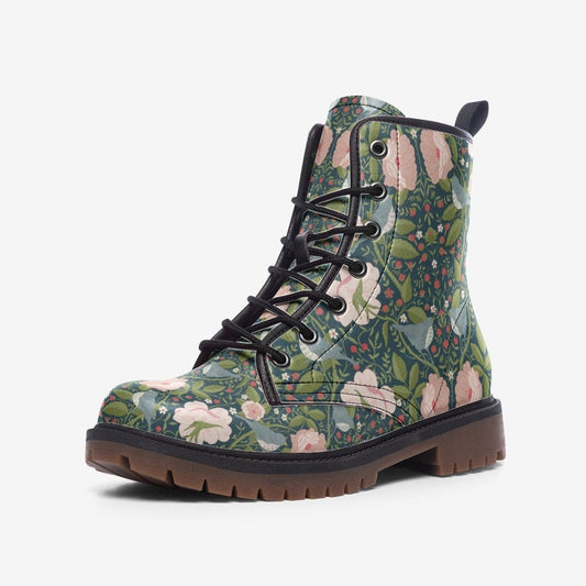 Emerald Blossoms - Green Birds Of William Morris Vegan Leather Boots For Hippies