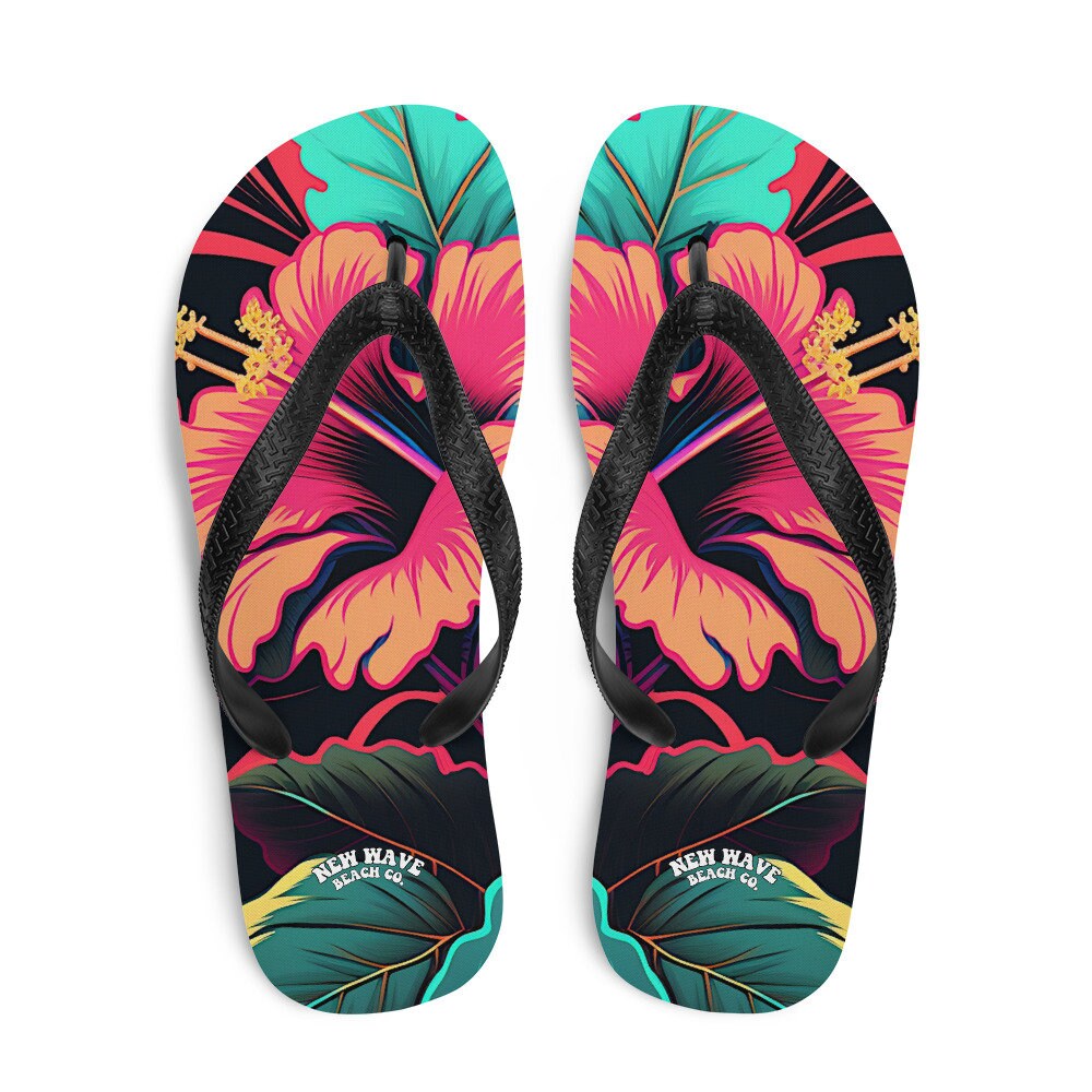 Emerald  Blossoms - Pink Hibiscus Tropical Flower Flip Flops Colorful 