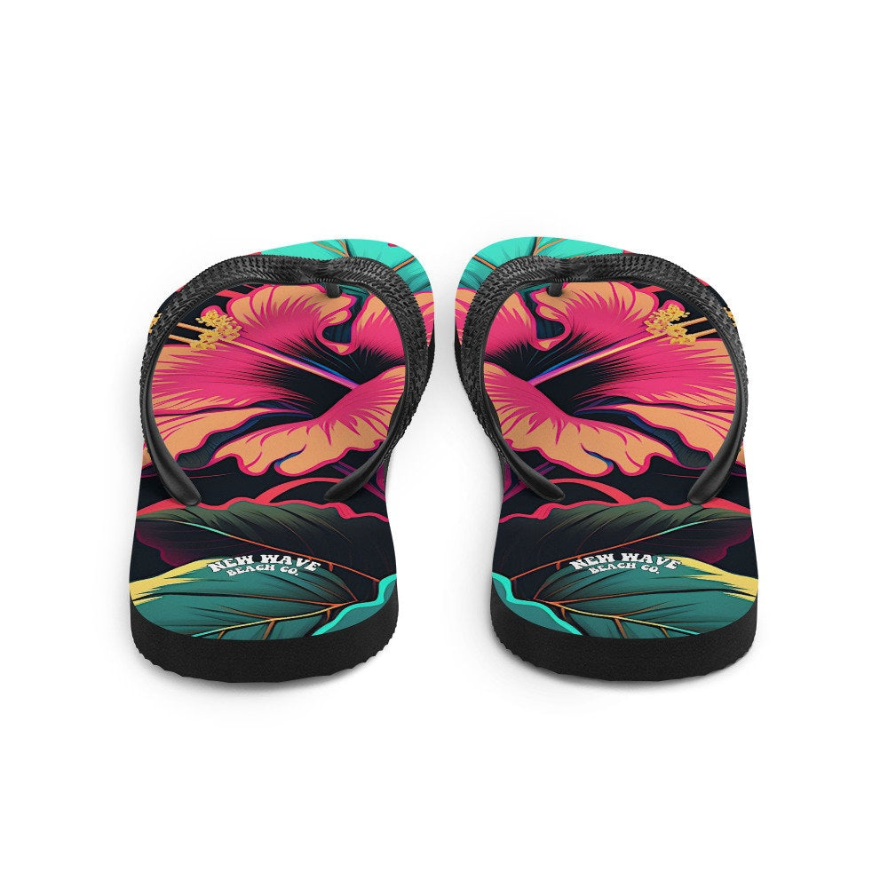 Emerald  Blossoms - Pink Hibiscus Tropical Flower Flip Flops Colorful 