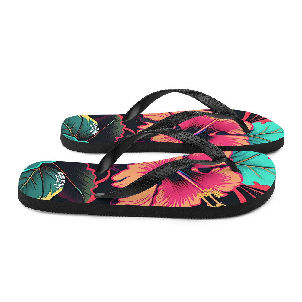 Emerald  Blossoms - Pink Hibiscus Tropical Flower Flip Flops Colorful 