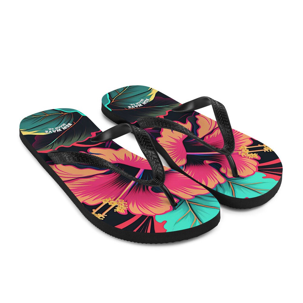 Emerald  Blossoms - Pink Hibiscus Tropical Flower Flip Flops Colorful 