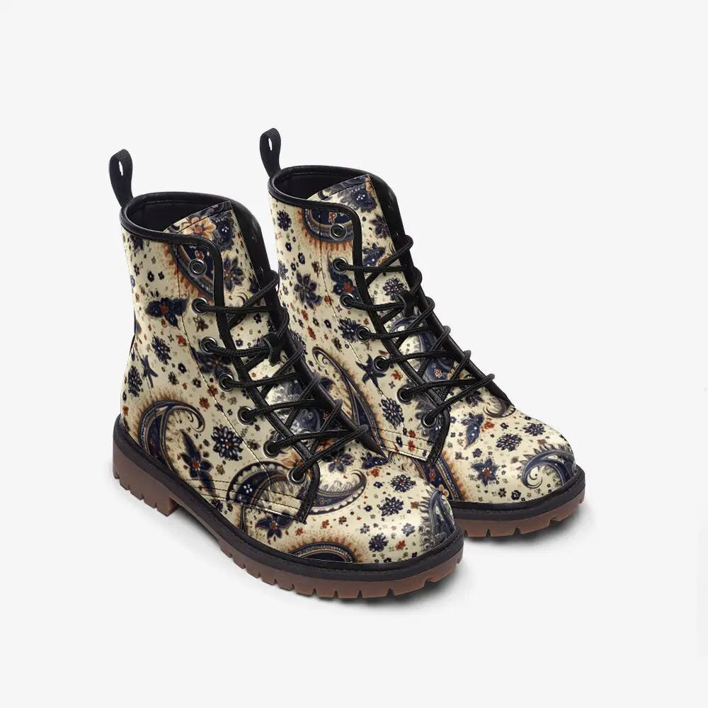 Emerald Blossoms - Beige And Blue Paisley Bandana Vegan Leather Boots For Hippies