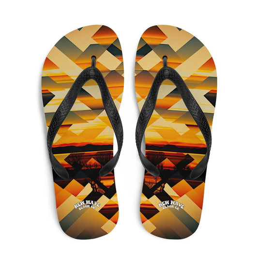 Emerald  Blossoms - Retro Geometric Yellow Sunset Tropical Flip Flops Colorful 