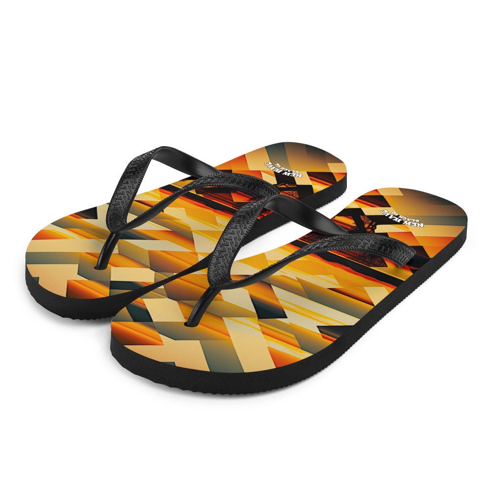 Emerald  Blossoms - Retro Geometric Yellow Sunset Tropical Flip Flops Colorful 