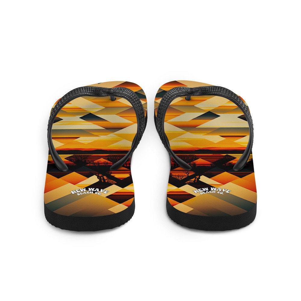 Emerald  Blossoms - Retro Geometric Yellow Sunset Tropical Flip Flops Colorful 