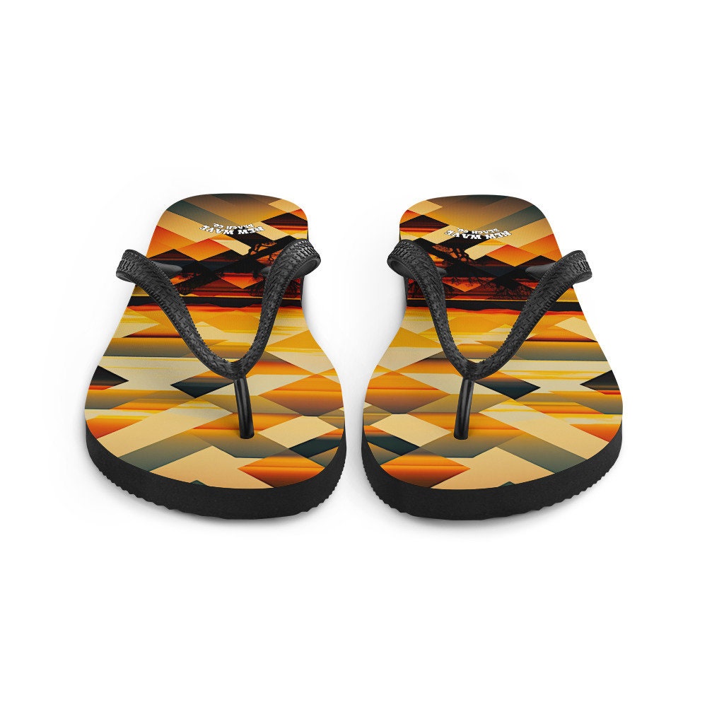 Emerald  Blossoms - Retro Geometric Yellow Sunset Tropical Flip Flops Colorful 