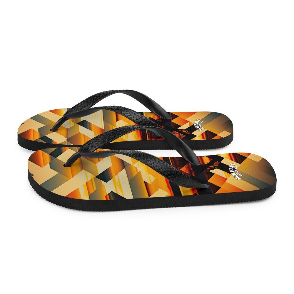 Emerald  Blossoms - Retro Geometric Yellow Sunset Tropical Flip Flops Colorful 