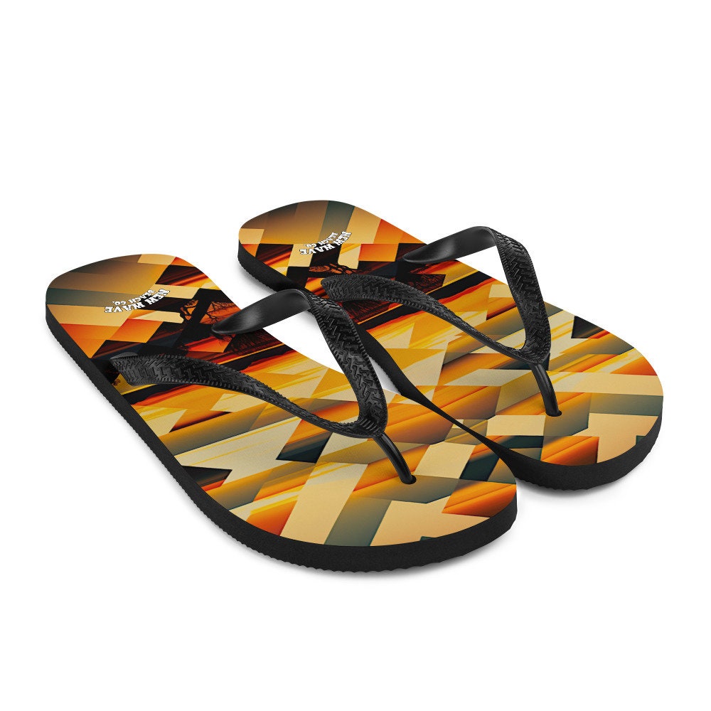 Emerald  Blossoms - Retro Geometric Yellow Sunset Tropical Flip Flops Colorful 