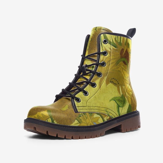 Emerald Blossoms - Van Gogh Sunflowers Vegan Leather Boots For Hippies