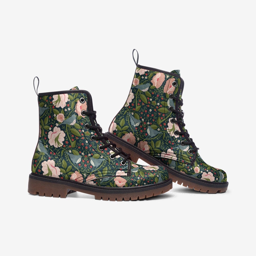 Emerald Blossoms - Green Birds Of William Morris Vegan Leather Boots For Hippies