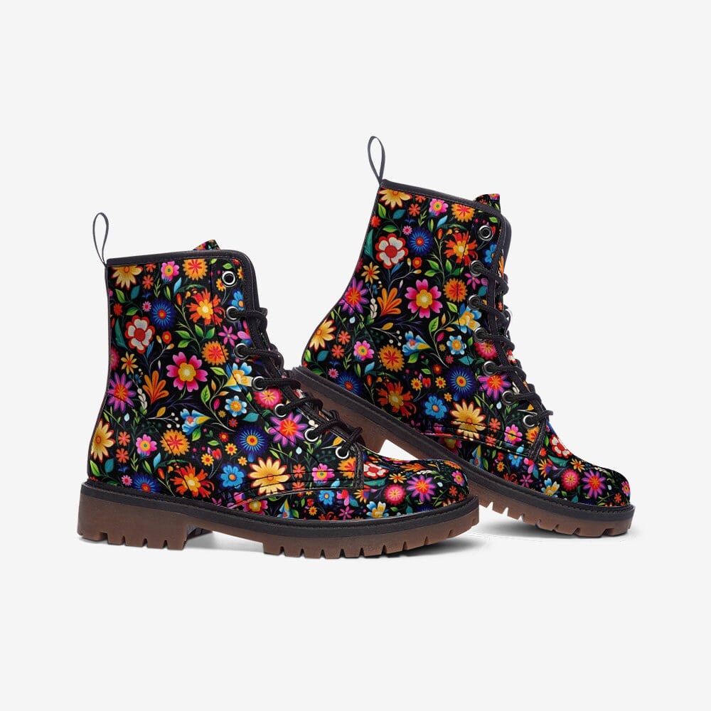 Emerald Blossoms - Mexican Florals Vegan Leather Boots For Hippies