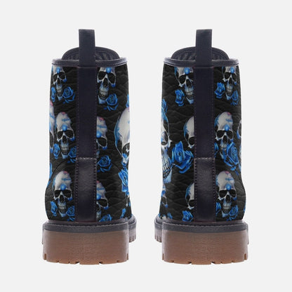 Emerald Blossoms - Blue Roses, Dark Skull Gothic Vegan Leather, Trendy Boots For Hippies