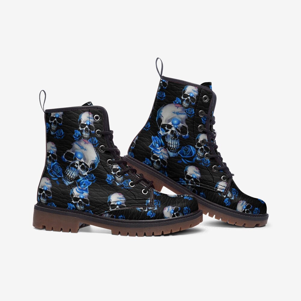 Emerald Blossoms - Blue Roses, Dark Skull Gothic Vegan Leather, Trendy Boots For Hippies