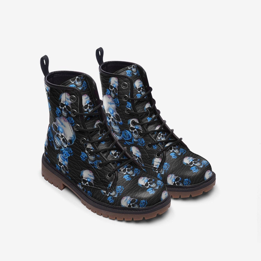 Emerald Blossoms - Blue Roses, Dark Skull Gothic Vegan Leather, Trendy Boots For Hippies