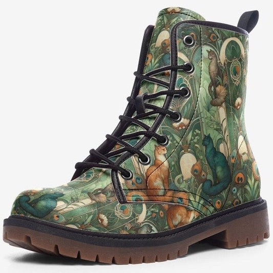 Emerald Blossoms Boots - Art Nouveau Cats In Green And Orange Vegan Leather Boots