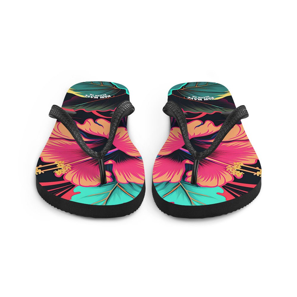 Emerald  Blossoms - Pink Hibiscus Tropical Flower Flip Flops Colorful 