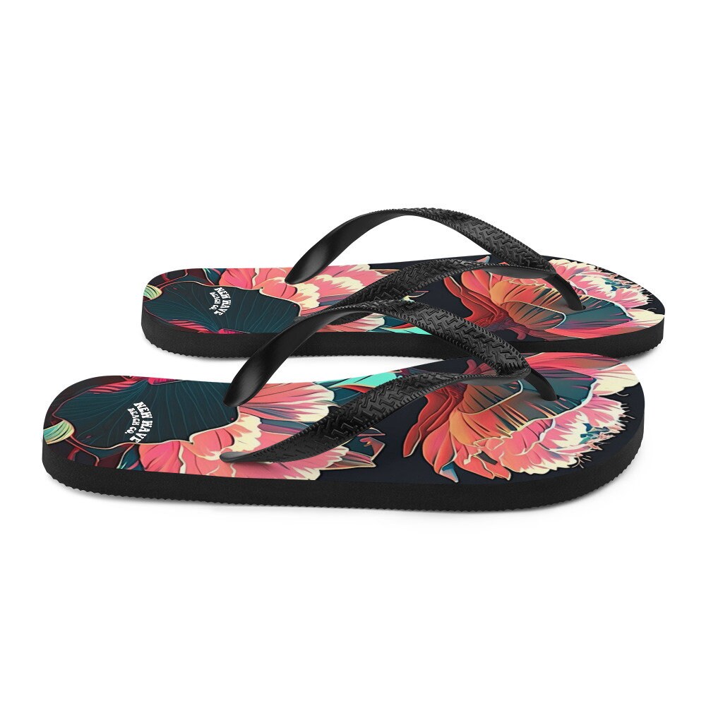 Emerald  Blossoms - Pink Tropical Flower Flip Flops Colorful