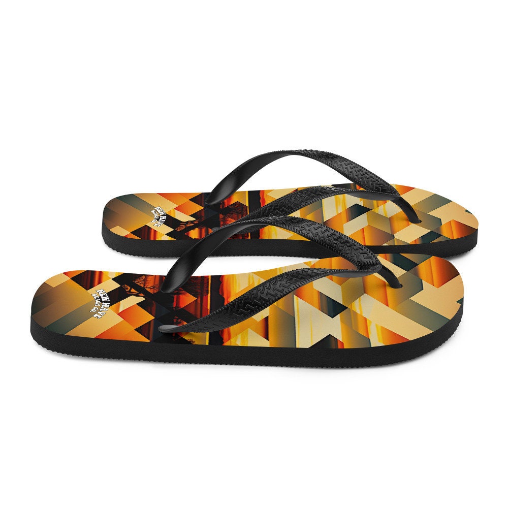 Emerald  Blossoms - Retro Geometric Yellow Sunset Tropical Flip Flops Colorful 