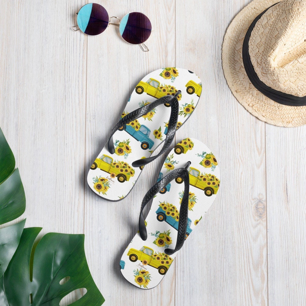 Emerald  Blossoms - Sunflower Pick-up Truck Flip-Flops