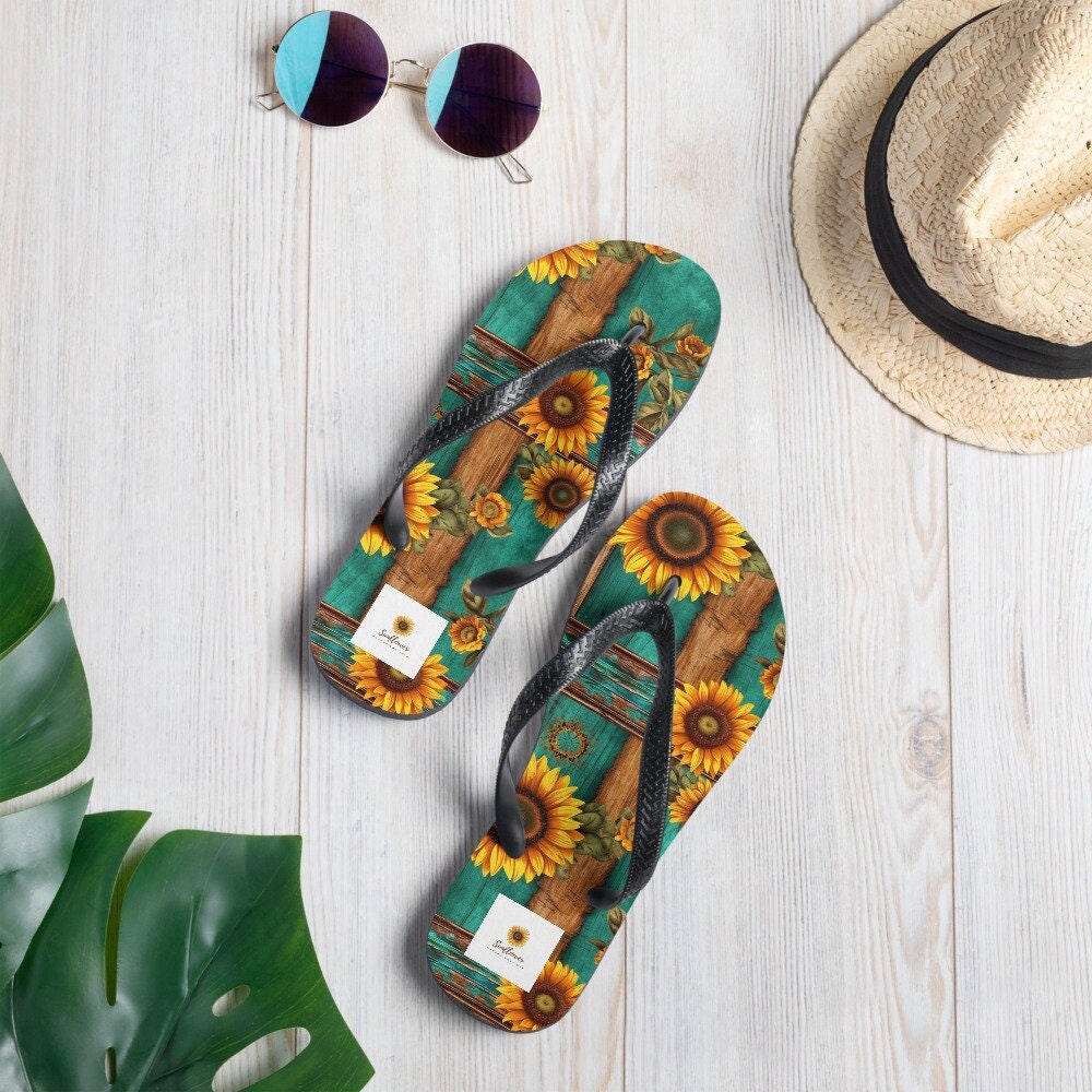 Emerald  Blossoms - Turquoise and Sunflowers Flip-Flops