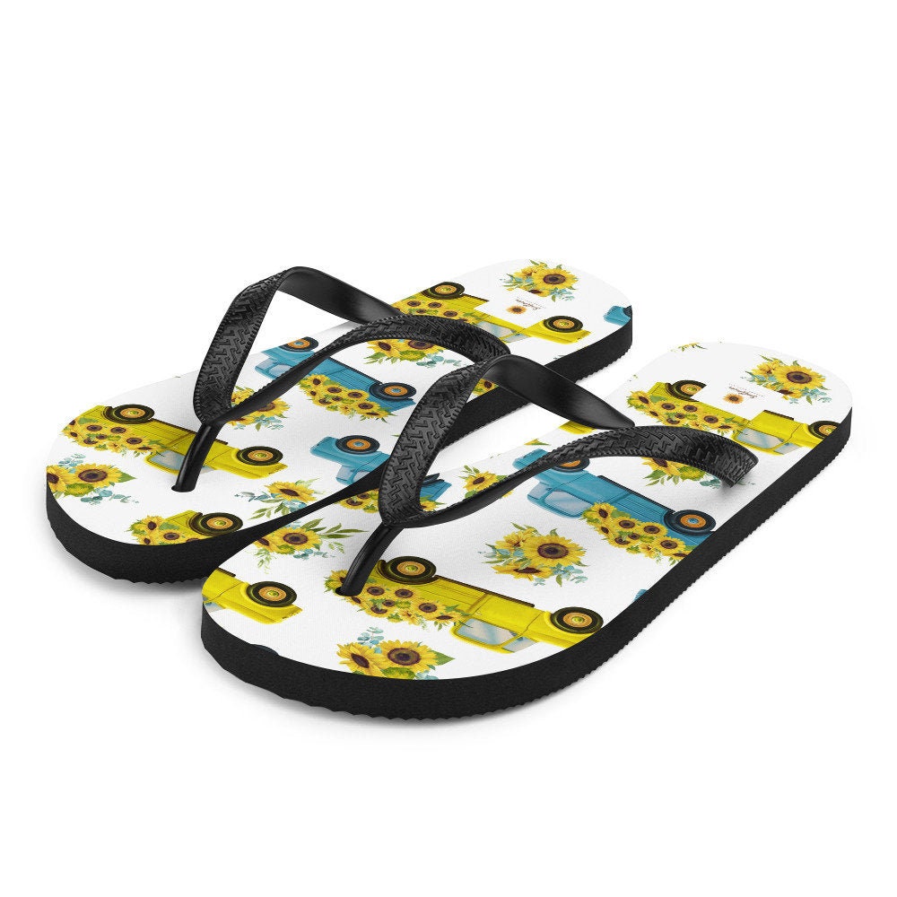 Emerald  Blossoms - Vintage Truck with Sunflowers Flip-Flops