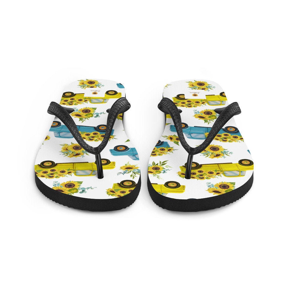 Emerald  Blossoms - Vintage Truck with Sunflowers Flip-Flops