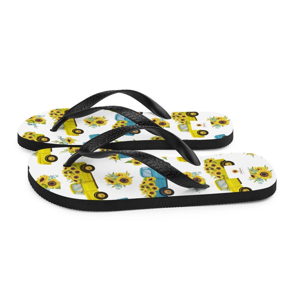 Emerald  Blossoms - Vintage Truck with Sunflowers Flip-Flops