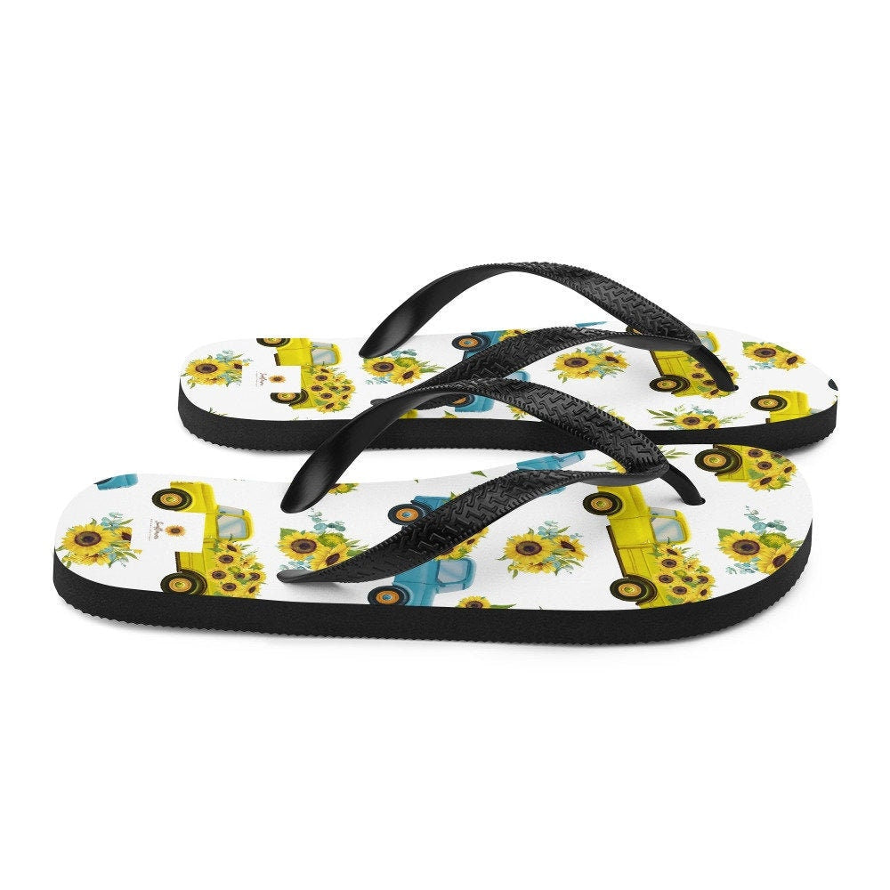 Emerald  Blossoms - Vintage Truck with Sunflowers Flip-Flops