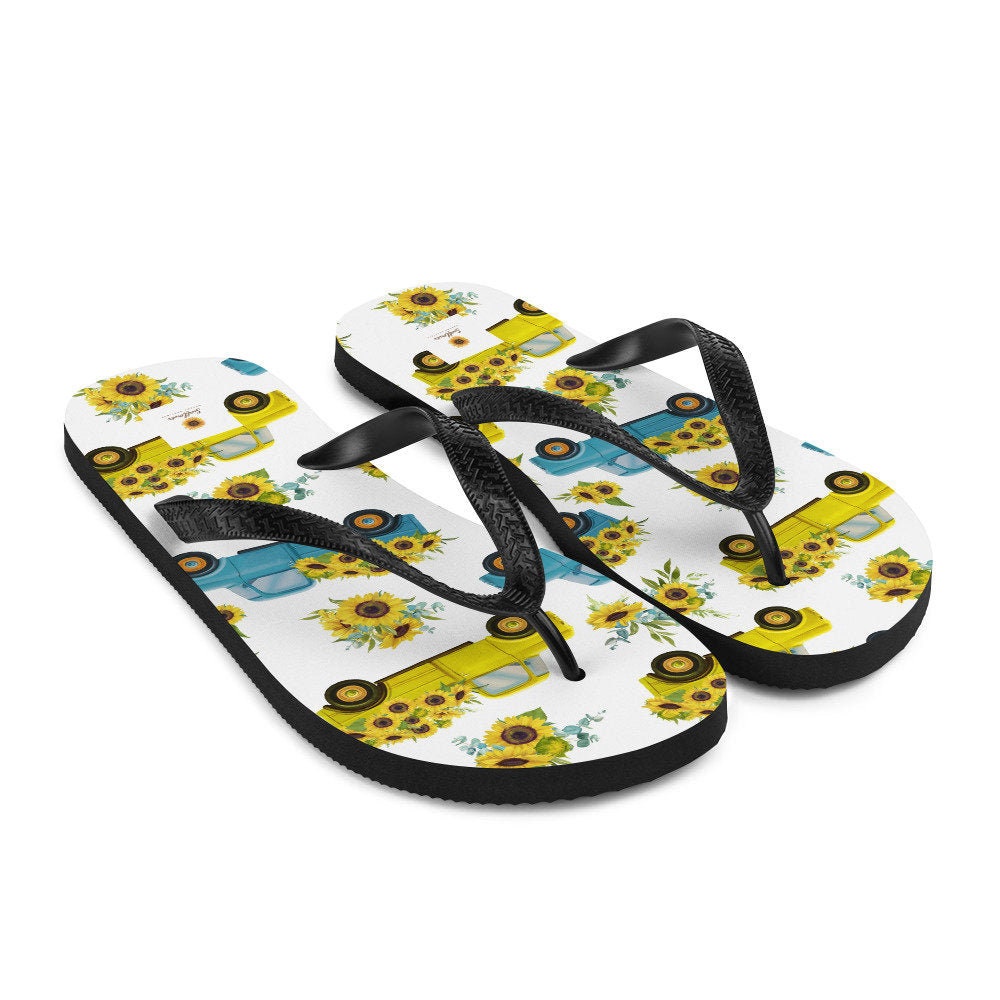 Emerald  Blossoms - Vintage Truck with Sunflowers Flip-Flops