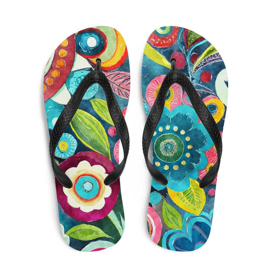 Emerald  Blossoms - Boho Flower Print Flip-Flops