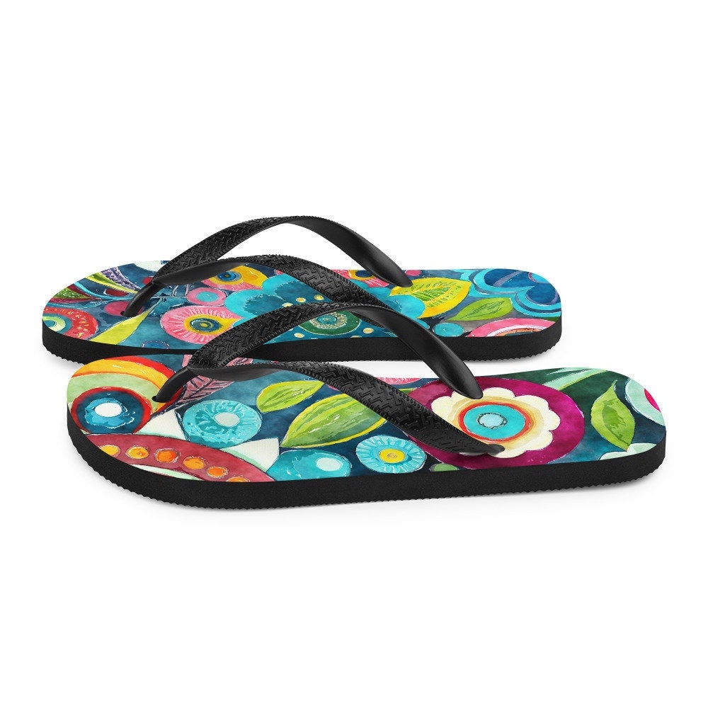 Emerald  Blossoms - Boho Flower Print Flip-Flops