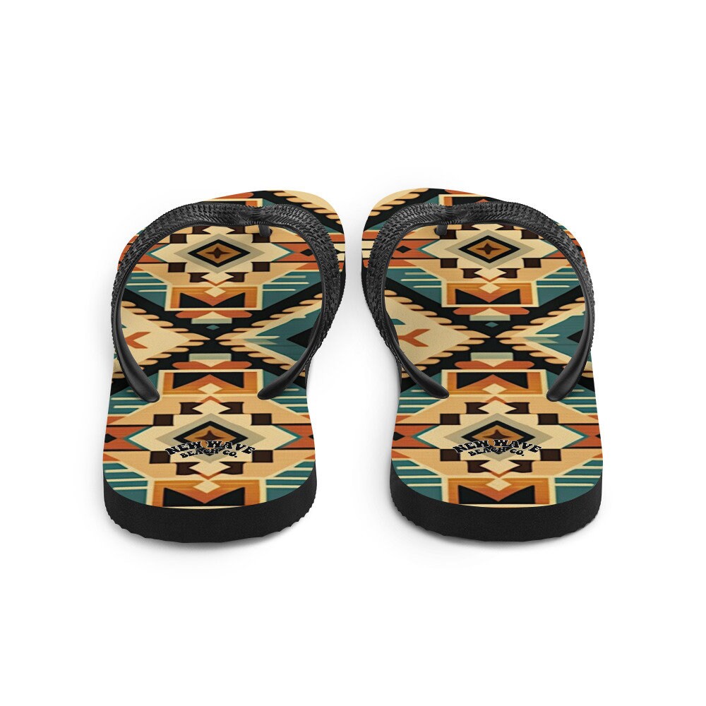 Emerald  Blossoms - Retro Kilim Black Blue Orange Flip Flops Colorful 