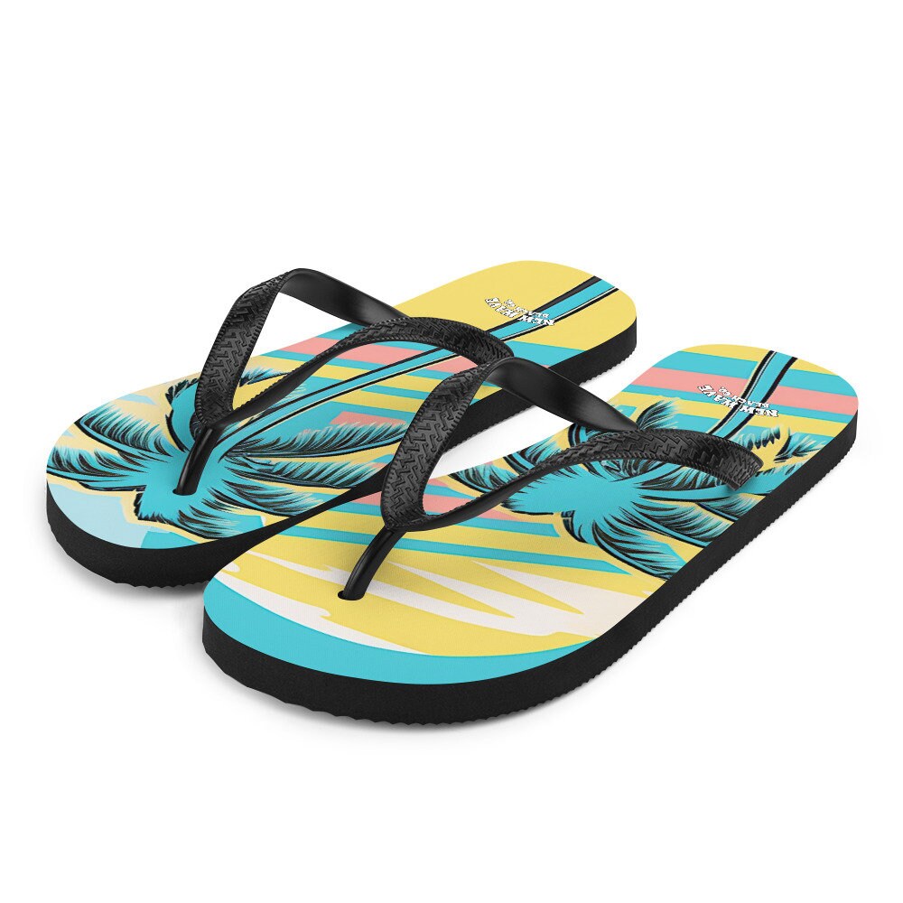 Emerald  Blossoms - Retro Yellow Blue Faded Palm Tree Flip Flops Colorful 